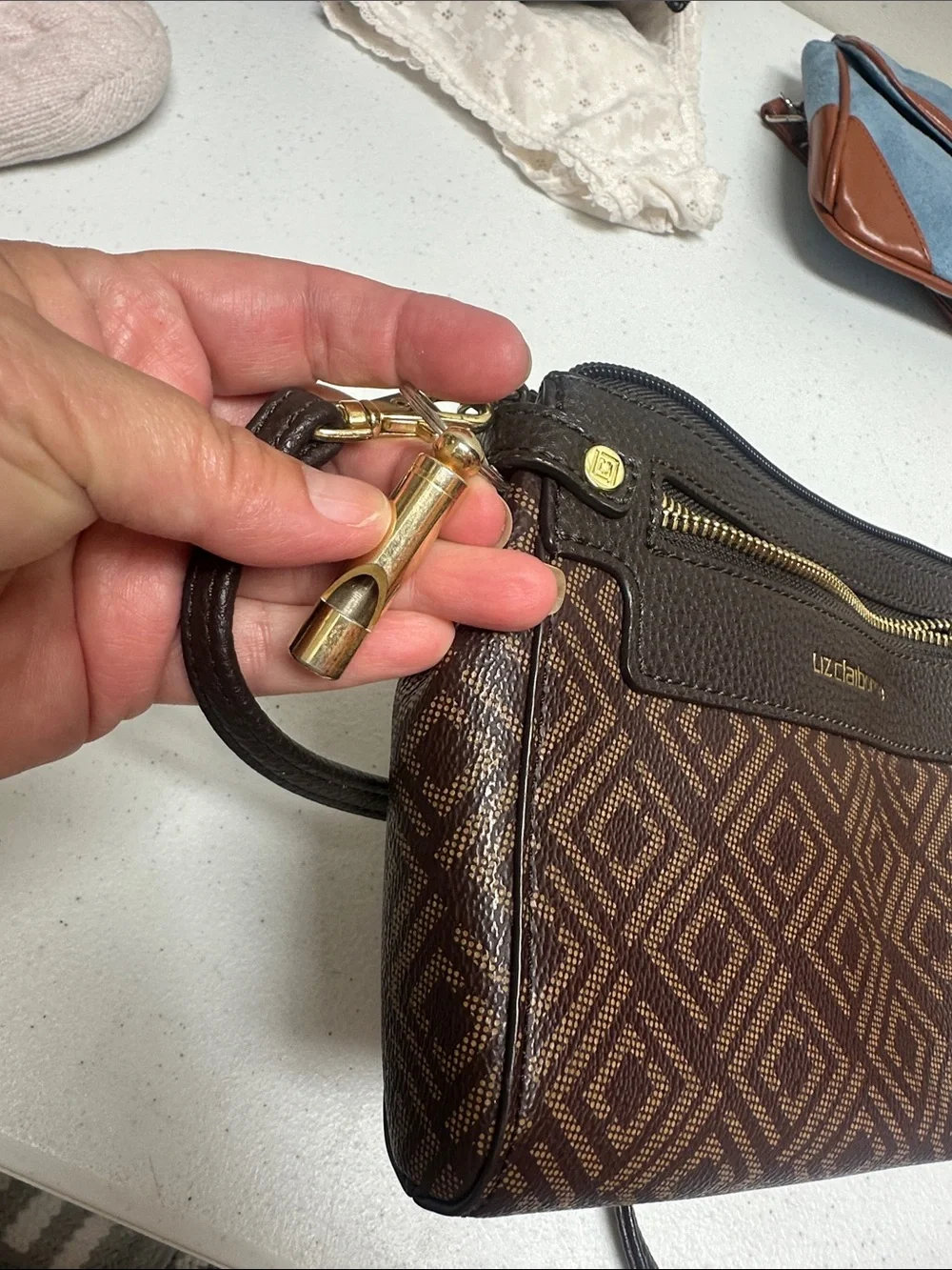 Liz Claiborne Brown Diamond-Pattern Crossbody with Gold Hardware